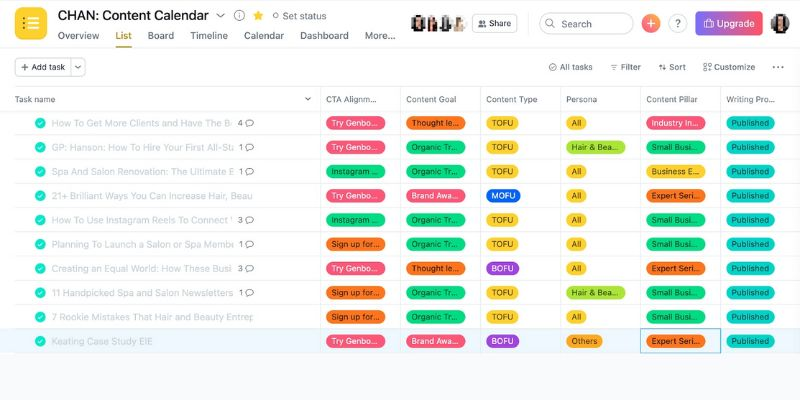 Asana content calendar template example