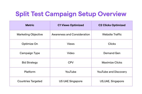Comparison table showing two video ad campaigns optimized for views and clicks including objectives bid strategy platforms and target countries.